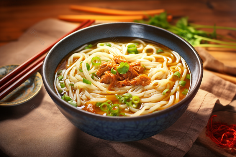 撒着葱花的美味的米粉摆在木桌上的装饰摆盘,高清,摄影图,摄影图片,图片大全,摄影图免费下载